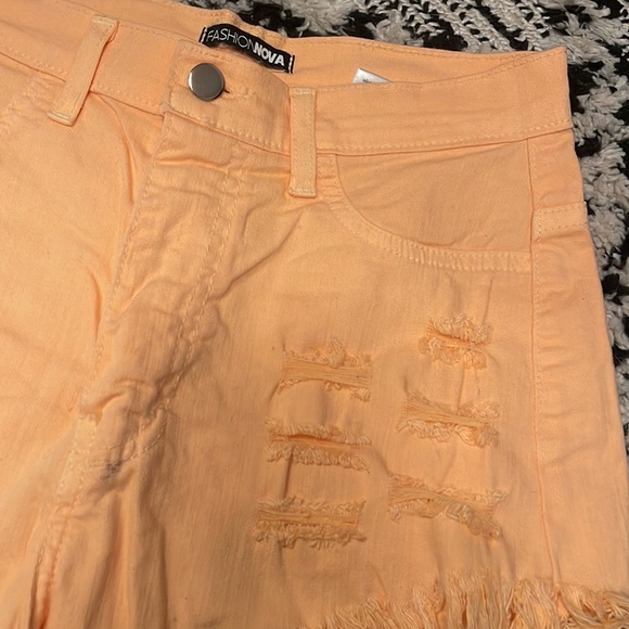 Neon Orange Distressed High Rise Shorts - Picture 6 of 7
